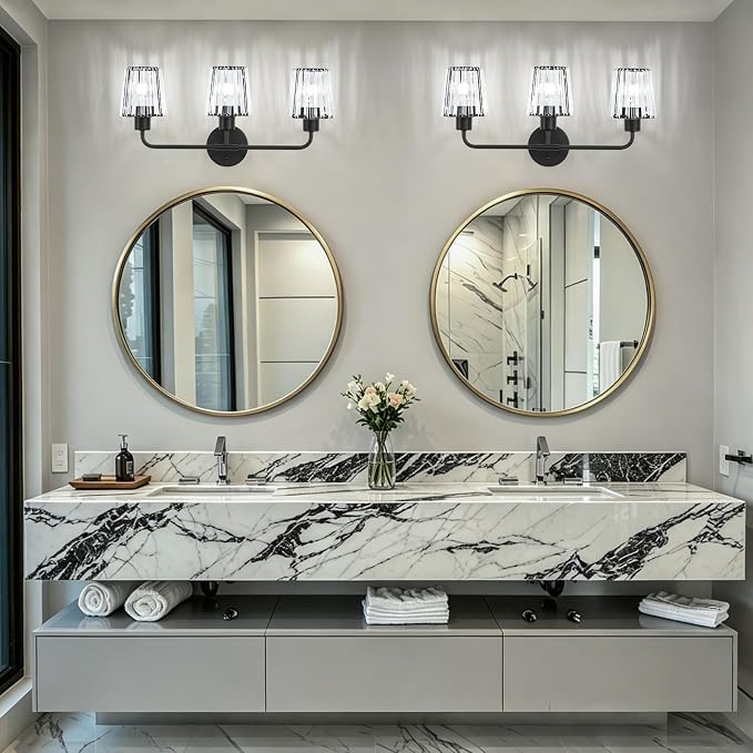 Black Vanity Lights, 3-Light Crystal Bathroom Light Fixtures | Modern Bathroom Vanity Light E26 Wall Light over Mirror (Exclude Bulb)