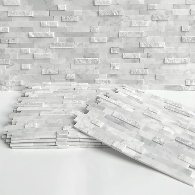 SUNWINGS 5-Sheet Peel and Stick Mosaic Natural 3D Stone Self Adhesive Marble Tiles, 11.5" x 10.7" Stick on Backsplash for Kitchen Bathroom Fireplace Vanity, Mixed Gray