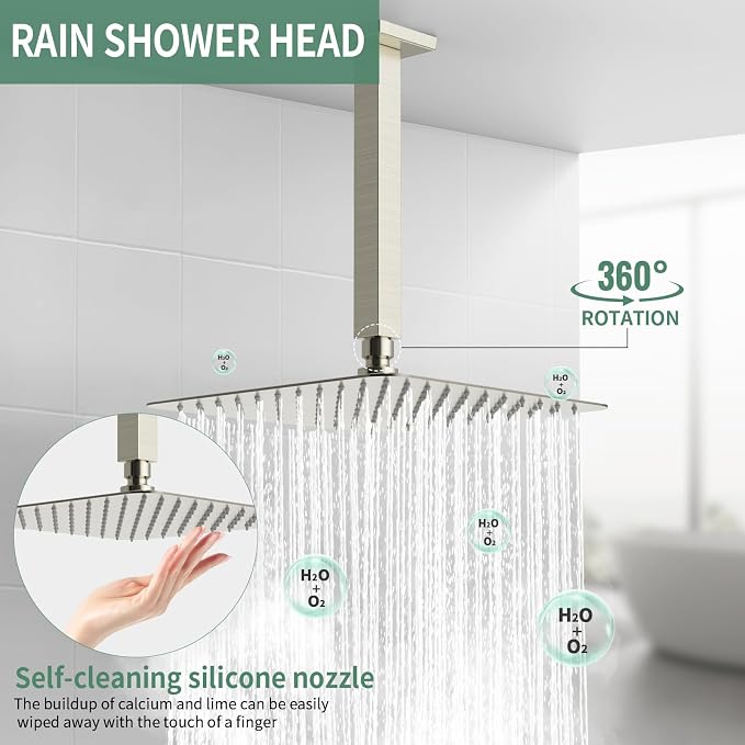 SunCleanse Rainfall Shower Faucet Set with High Pressure in Brushed Nickel | Ceiling mounted shower combo set featuring a 10" rainfall shower head, handheld spray, and rough-in shower valve.