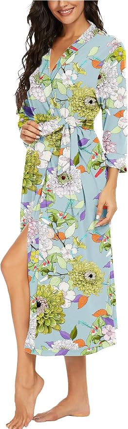 VINTATRE Women Kimono Robes Long Knit Bathrobe Lightweight Soft Knit Sleepwear V-neck Casual Ladies Loungewear
