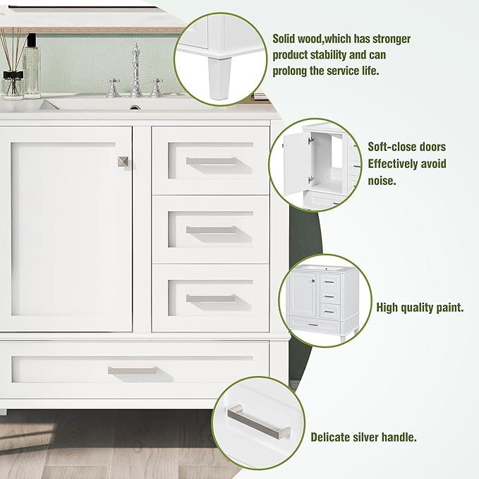 LUMISOL 30 Inch Bathroom Vanity with Sink, Wood Bathroom Storage Cabinet with Soft Closing Door and 3 Drawers, Freestanding Bathroom Vanities with Undermount Ceramic Sink, White