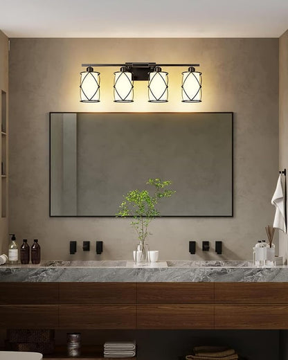 4-Light Black Bathroom Light Fixtures with Milk White Frosted Glass, 29" Modern Bathroom Vanity Lighting Fixtures Over Mirror with Metal Cage, Wall Sconce Lights for Bath, E26, CH9176BKW-4W