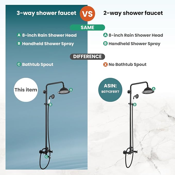 gotonovo Exposed Shower System with Spout,Oil Rubbed Bronze,No Shower Shelf | Brass Shower Faucet Set,8’’ Rain Head with Handheld Spray,Swivel Tub Spout,2 Cross Handle,6’’ Hole Distance,Adjustable Height