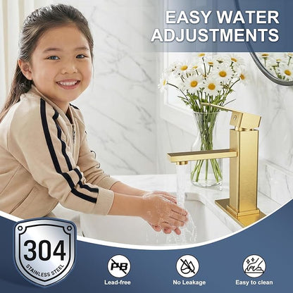 Brushed Gold Bathroom Faucet, Design with Pop-Up Drain | Single Handle Square Modern Stainless Steel, 1 or 3 Hole Installation for Farmhouse, Bathroom Sink, Vanity, Washbasin, RV