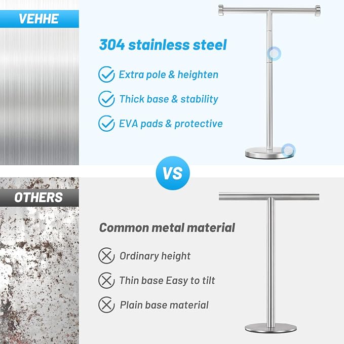 VEHHE T-Shape Hand Towel Holder Stand Height Adjustable Non-Slip-Silver | Height Adjustable 13.7"-17.7" | SUS304 Stainless Steel | Tool-Free Assembly | Removable Anti-Slip Knobs | Base 5.5"