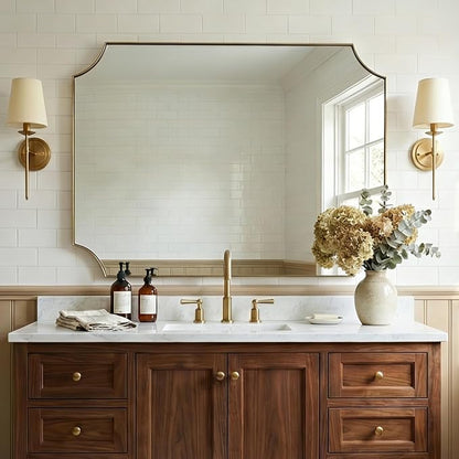36"x48" Large Bathroom Mirror, Brushed Gold Vanity Mirror, Scalloped Rectangle Mirror in Anti-Rust Stainless Steel Thin Frame, Aesthetic Scalloped Corner Design, Ideal for Home Remodel