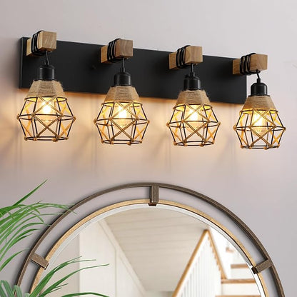 LmnLvn 4-Light Bathroom Vanity Light, Boho Farmhouse Hemp Rope Cage Shade | Wood & Black Metal Frame, Rustic Vanity Lighting, Mounted Over Mirror, Easy To Install for Restroom, Bedroom & Hallway