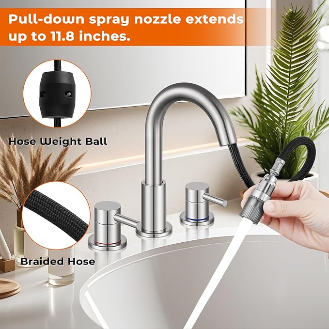 FGKQ Brushed Nickel Bathroom Faucet 3 Hole with Pull Down Sprayer 2 Modes, Pull Down Bathroom Sink Faucet with Pop Up Drain, 8 Inch Widespread Bathroom Faucet