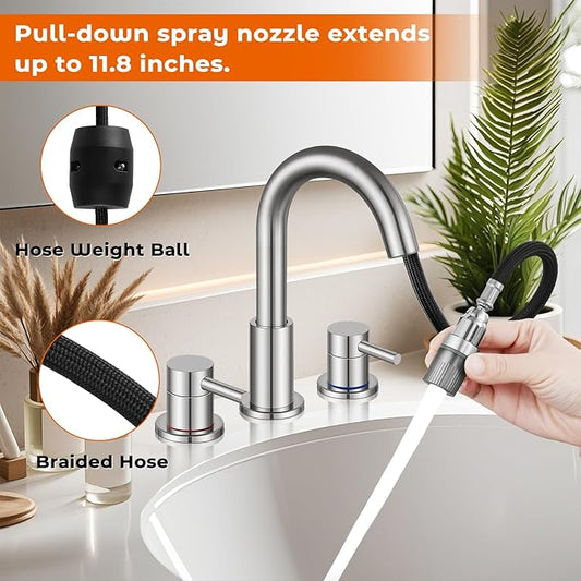 FGKQ Brushed Nickel Bathroom Faucet 3 Hole with Pull Down Sprayer 2 Modes, Pull Down Bathroom Sink Faucet with Pop Up Drain, 8 Inch Widespread Bathroom Faucet