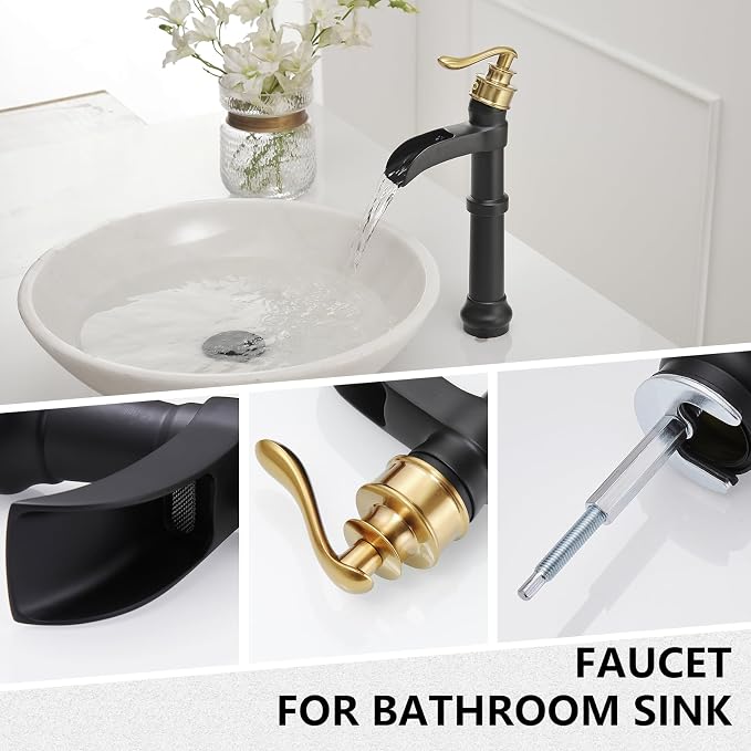 Black and Gold Vessel Sink Faucet Brass Tall Waterfall Bathroom Faucet | Bathroom Sink Faucets Single Handle with Pop Up Drain Without Overflow and Supply Hoses Mixer Tap Deck Mount by BATHLAVISH