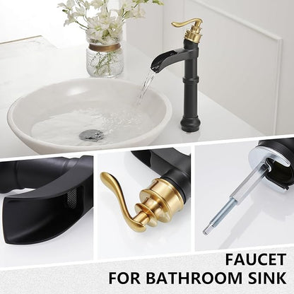 Black and Gold Vessel Sink Faucet Brass Tall Waterfall Bathroom Faucet | Bathroom Sink Faucets Single Handle with Pop Up Drain Without Overflow and Supply Hoses Mixer Tap Deck Mount by BATHLAVISH