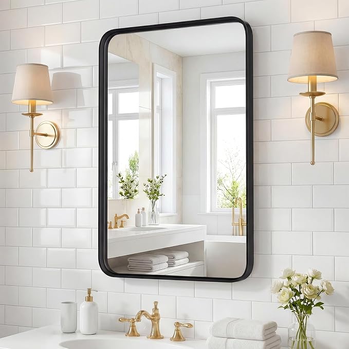 22"x 30" Black Bathroom Mirror for Sink, Rectangle Vanity Mirror | for Wall, Over Sink, Farmhouse, Restroom, Anti-Rust, Modern Decorative, Horizontal or Vertical Hanging