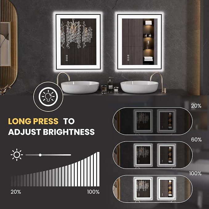 LOAAO 24"X30" LED Bathroom Mirror Black Framed | Anti-Fog, Dimmable, Memory Function, Tempered Glass, Lighted Vanity Mirror for Wall
