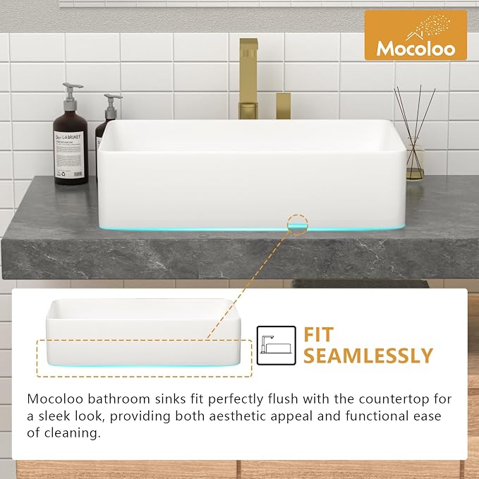 Mocoloo Bathroom Vessel Sink Rectangular 21"X14" Modern Rectangle Countertop Vessel Sink White Porcelain Ceramic Lavatory Vanity Sink Above Counter Basin