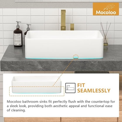 Mocoloo Bathroom Vessel Sink Rectangular 21"X14" Modern Rectangle Countertop Vessel Sink White Porcelain Ceramic Lavatory Vanity Sink Above Counter Basin