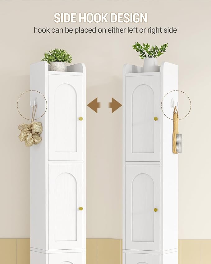 Bathroom Storage Cabinet, Tall Corner Floor Cabinet with 4 Doors and Adjustable Shelf, Narrow Toilet Paper Cabinets, Bathroom Organizer for Small Spaces, 7.9" D x 7.9" W x 70.9" H White