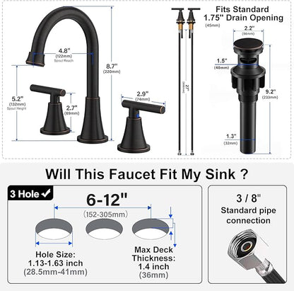 Bathroom Faucets for Sink 3 Hole, Hurran Oil Rubbed Bronze Bathroom Sink Faucet with Pop-up Drain and Supply Lines, Stainless Steel Lead-Free Widespread Faucet for Vanity RV, 2 Pack
