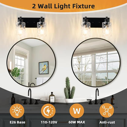 2 Light Bathroom Vanity Light Modern Black Bathroom Light Fixtures Over Mirror with Hammered Glass Lampshade for Kitchen Hallway