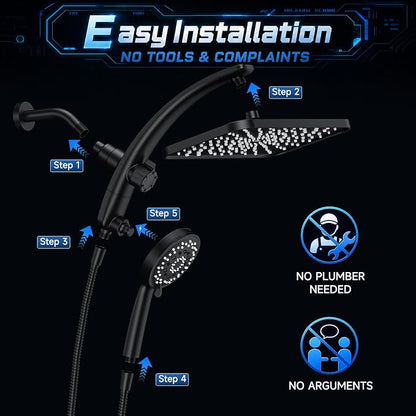 Veken 12" Rain Shower Head with Handheld,High Pressure Power Wash,Magnetic | Dual Shower Heads Combo,8-Mode Hand Held Spray with Hose,Double Detachable Rainfall Showerhead,Best Matte Black Shower System