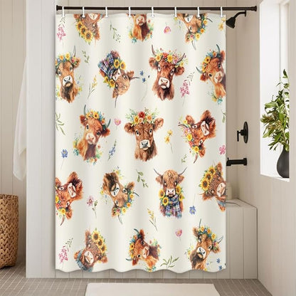 Highland Cow Shower Curtain, Sunflower Floral Wreath Cow Print Farmhouse & Country Style Fun Shower Curtain for Bathroom, Fabric Polyester Bathroom Curtains Set with Hooks, 36X72inch.