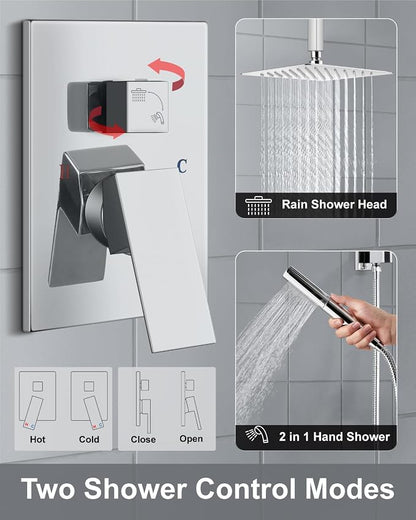 Aolemi Shower System with Rain Head and Handheld,12-Inch,Polish Chrome | High-Pressure Shower Faucet Set with Dual-Function Handheld,Rough-In Valve,1.8 GPM,Ceiling Mount Trim Kit