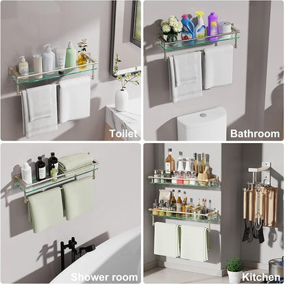 24-Inch Modern Wall-Mounted Bathroom Glass Shelf with 1 Shelf, Brushed Nickel, 1 Towel Bar, 45 lbs Weight Capacity