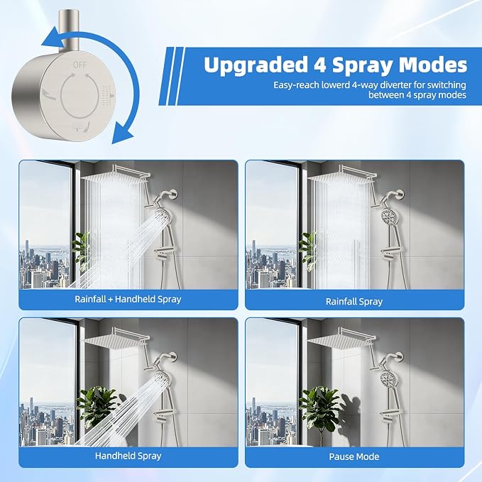 12" Metal Rain Shower Head with Handheld, 10-Mode with Filter, Easy Reach | Brushed Nickel, High-Pressure Rainfall Showerhead, 4-Way Diverter Pause Mode, Adjustable 16" Extension Arm/71" Hose/Holder
