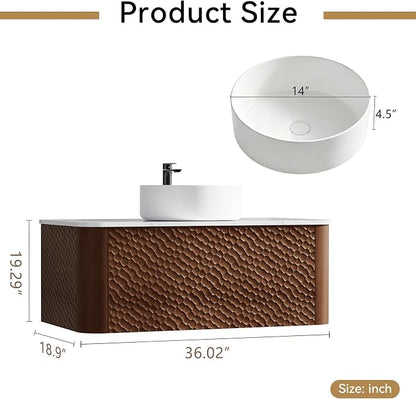 36 Inch Modern Bathroom Vanity with Ceramic Sink, Floating Bathroom Vanity Cabinet with Sintered Stone Top&Solid Wood Hammered Frame, Single Sink Bathroom Vanities w/Soft-Close Drawers,Walnut