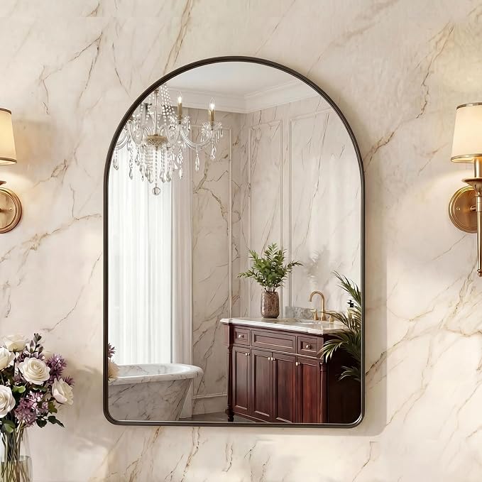 OLIXIS 30x20 Inch Arched Bathroom Wall Mirror, Rounded Rectangle, Black | Modern Wall Mount Vanity Mirror for Over Sink with Matte Metal Deep Framed, for Home Decor, Living Room
