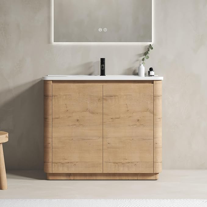 40-Inch Bathroom Vanity with Sink Mid-Century Bathroom Vanities with Top Basin Floor Wood Bathroom Sink Cabinet with Soft-Close Doors & Adjustable Storage Shelves (Brown)