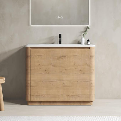 40-Inch Bathroom Vanity with Sink Mid-Century Bathroom Vanities with Top Basin Floor Wood Bathroom Sink Cabinet with Soft-Close Doors & Adjustable Storage Shelves (Brown)