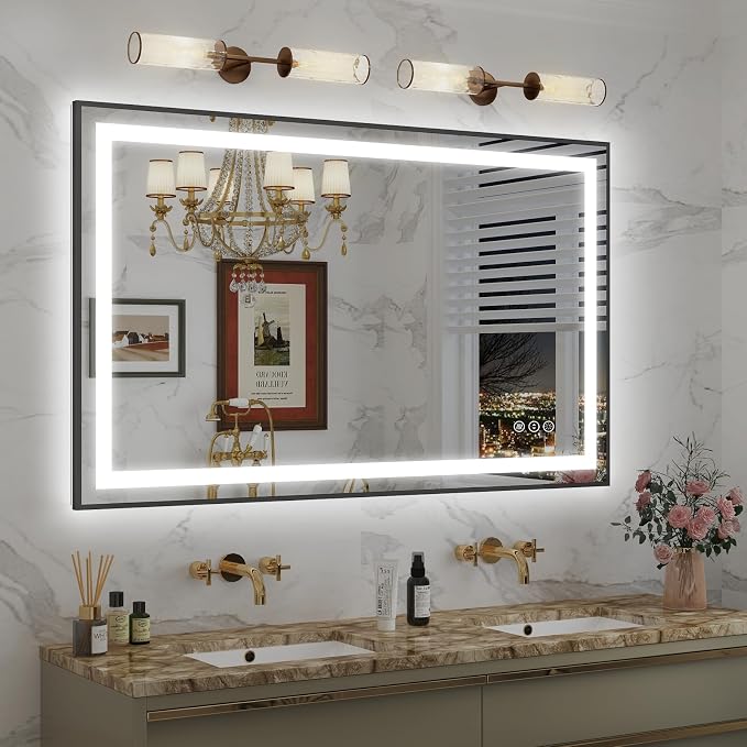 OKPAL LED Bathroom Mirror with Lights, 48x32 Black Frame LED Vanity Mirror, Lighted Mirrors for Bathroom Wall, Front and Backlit, Dimmable, Anti-Fog, 3 Colors, Shatterproof, ETL Listed