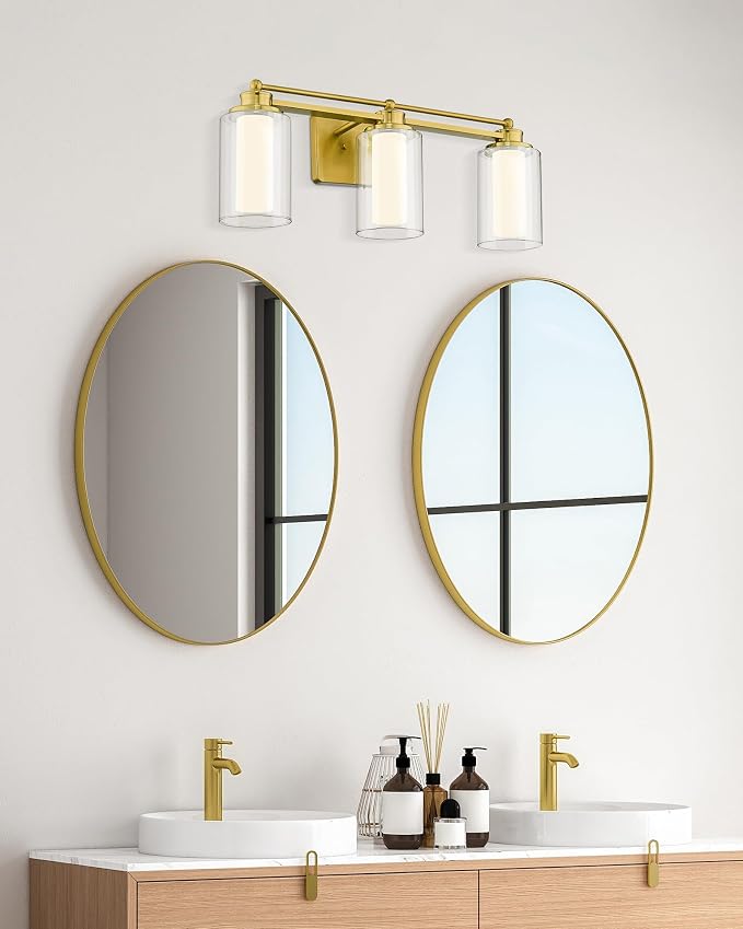 HWH 3-Light Bathroom Vanity Light, Clear Glass, Dimmable, 5HLT63B-3W-LED BG | 5CCT, Brushed Gold, 18W, Bathroom Light Fixtures Antique Brass Vanity Light, Vanity Lights, Dimmable Integrated LED Lighting