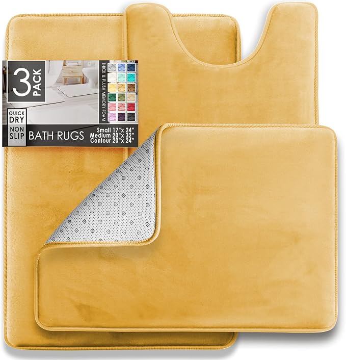 Clara Clark Bathroom Rug Set, 3 Piece Velvet Memory Foam Bath Mats with Non-Slip PVC Backing, Gold
