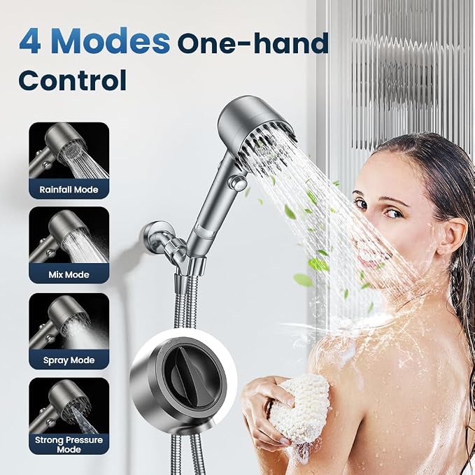 JOMST Filtered Shower Head with Handheld High Pressure Shower Head | 4 Spray Modes ShowerHead with ON/OFF Switch for Pets,Built-in Power Wash to Clean Tub,Shower Heads with Stainless Steel Hose