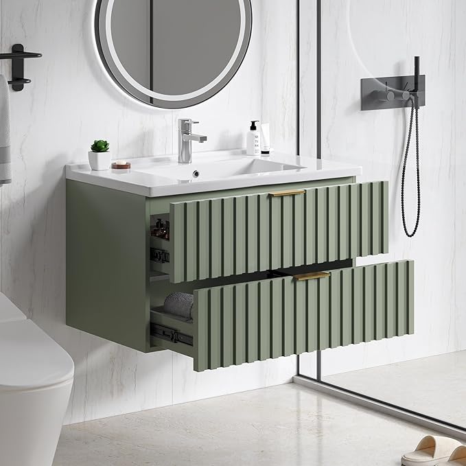 ONBRILL 30 Inch Bathroom Vanity with Sink Combo, Floating Bathroom Vanity with 2 Fluted Drawers & Metal Handle, Modern Wall Mount Storage Cabinet with Ceramic Integrated Sink for Small Space (Green)