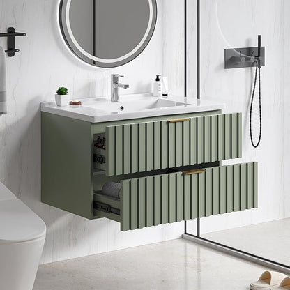 ONBRILL 30 Inch Bathroom Vanity with Sink Combo, Floating Bathroom Vanity with 2 Fluted Drawers & Metal Handle, Modern Wall Mount Storage Cabinet with Ceramic Integrated Sink for Small Space (Green)