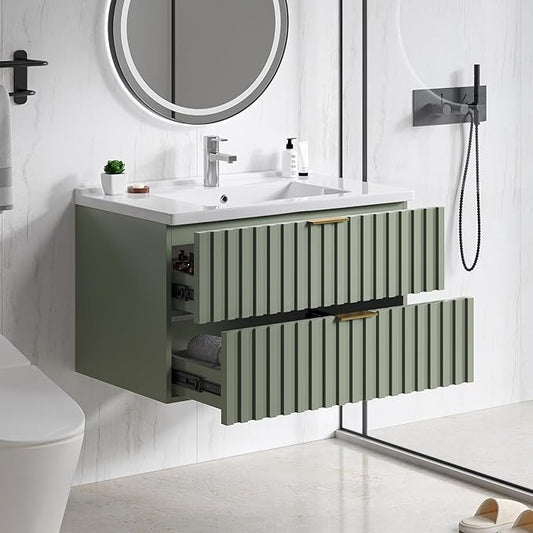 ONBRILL 30 Inch Bathroom Vanity with Sink Combo, Floating Bathroom Vanity with 2 Fluted Drawers & Metal Handle, Modern Wall Mount Storage Cabinet with Ceramic Integrated Sink for Small Space (Green)