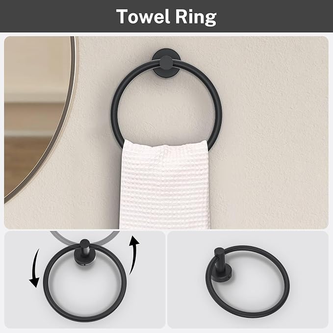 Matte Black Towel Bar Set 5 Pieces Bathroom Hardware Accessories Set Round Towel Holder Set for Bathroom Upgraded Toilet Paper Holder Stainless Steel Wall Mounted Towel Rack Set,23.6 Inch