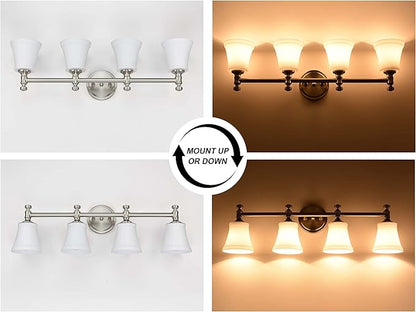 Bathroom Vanity Light Fixtures, Traditional Brushed Nickel 4 Lights Wall Sconce Lighting with Opal Glass Shade, Porch Wall Mount Light Fixture for Bathroom, Mirror Cabinets Hallway Stairs