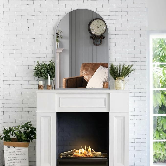 Silver Arched Mirror 28x36in, Metal Framed Bathroom Vanity Wall | Tempered Glass, Shatter Proof, Living Room Bedroom Entryway, Modern Elegant Design