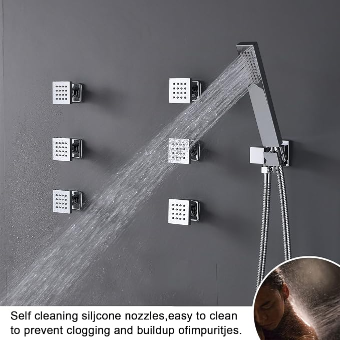 16X26 inch Rainfall Shower System Chrome Shower Faucet Set | Temperature Display Shower Faucet with 6 Body Jet, 8 inch Wall Mounted Shower Head and Handheld Set