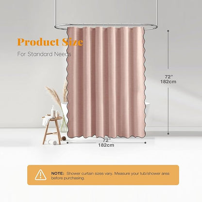 BTTN Blush Pink Scalloped Shower Curtain, Boho Linen Textured Heavy Duty Fabric Shower Curtain Set with 12 Plastic Hooks, Modern Cute Waterproof Shower Curtains with Black Edge for Bathroom, 72x72
