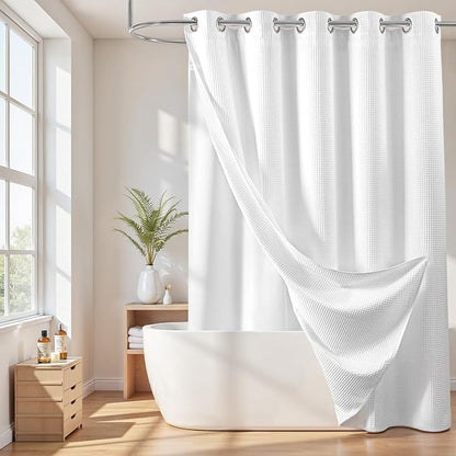 River Dream Cotton Blend No Hook Shower Curtain with Liner, White, 71x86 | with Snap in Liner, Heavyweight Waffle Fabric, Hotel Grade for Bathroom, Water Repellent, Corner Magnets, Machine Washable