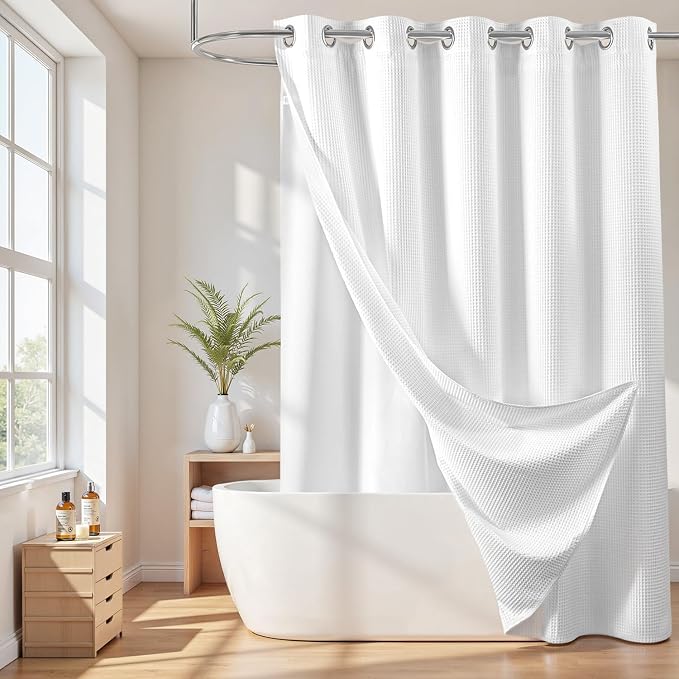 River Dream Cotton Blend No Hook Shower Curtain with Liner, White, 71Wx74L | with Snap in Liner, Heavyweight Waffle Fabric, Hotel Grade for Bathroom, Water Repellent, Corner Magnets, Machine Washable