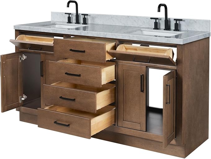 Isabella 66-Inch Brown Oak Double Bathroom Vanity with Sink, 1.5-Inch Edge Italian Carrara Marble Countertop & 4" Backsplash, Soft-Closing Doors & Drawers, Solid Oak Wood Construction