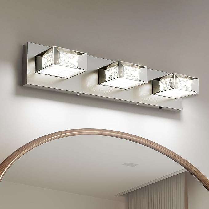 Joossnwell Brushed Nickel Bathroom Vanity Light Crystal 5CCT Dimmable Bathroom Lighting Fixtures Over Mirror (3-Light, 20.47-Inch) Led Modern Bath Lights with 350°Rotatable Head