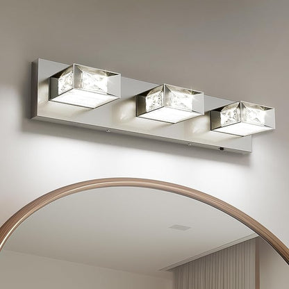 Joossnwell Brushed Nickel Bathroom Vanity Light Crystal 5CCT Dimmable Bathroom Lighting Fixtures Over Mirror (3-Light, 20.47-Inch) Led Modern Bath Lights with 350°Rotatable Head