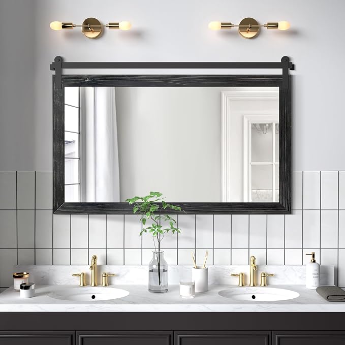 COGOOD Farmhouse Bathroom Mirrors for Over Sink - 30 x 45 Black | Rustic Barn Door Wood Framed Vanity Mirror for Entryway, Living Room, Bedroom, Dresser Wall Decor