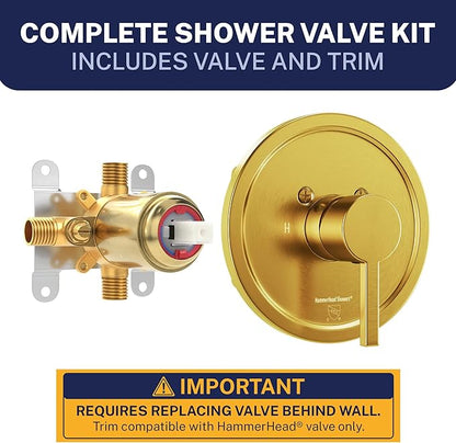 HammerHead Showers Solid Metal Single-Handle Trim Kit with Rough-In Shower Valve, Volume and Temperature Control, Pressure Balance, Brushed Gold